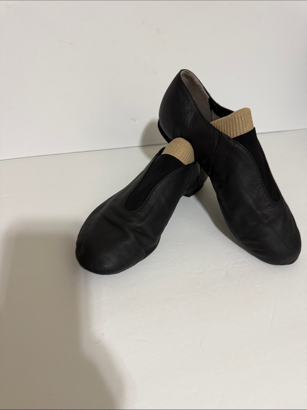 Bloch Black Leather Slip-On Dance Flats with Tan Elastic Collar